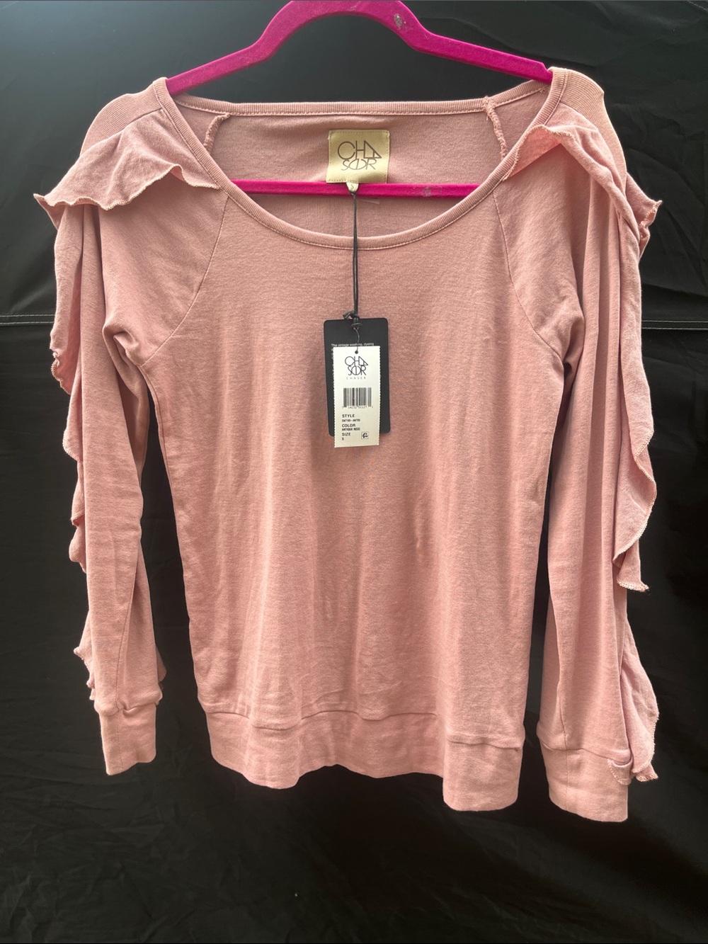 Chaser Dusty Pink Ruffle-Trim Long Sleeve Top